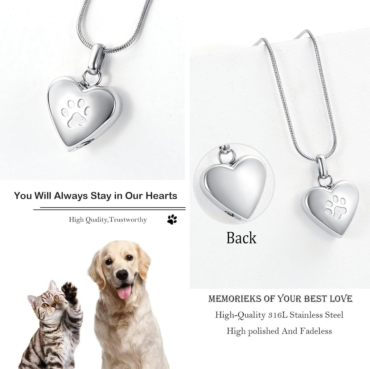 Pet Cremation Jewelry for Ashes Pendant Paw Print Pet Heart Urn Necklace Memorial Keepsake Jewelry for Pet/Dog'S/Cat'S Ashes