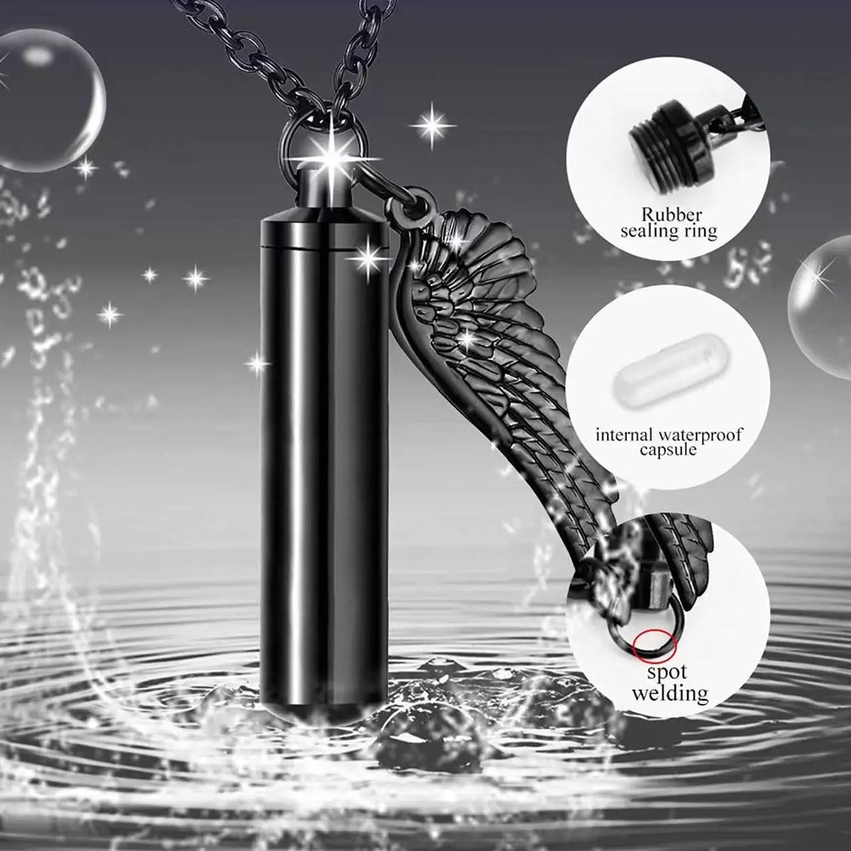 Angel Wings Ashes Necklace Black/Silver Stainless Steel Pendant Necklace Cremation Jewelry for Human Ashes Cylindr Ash Holder