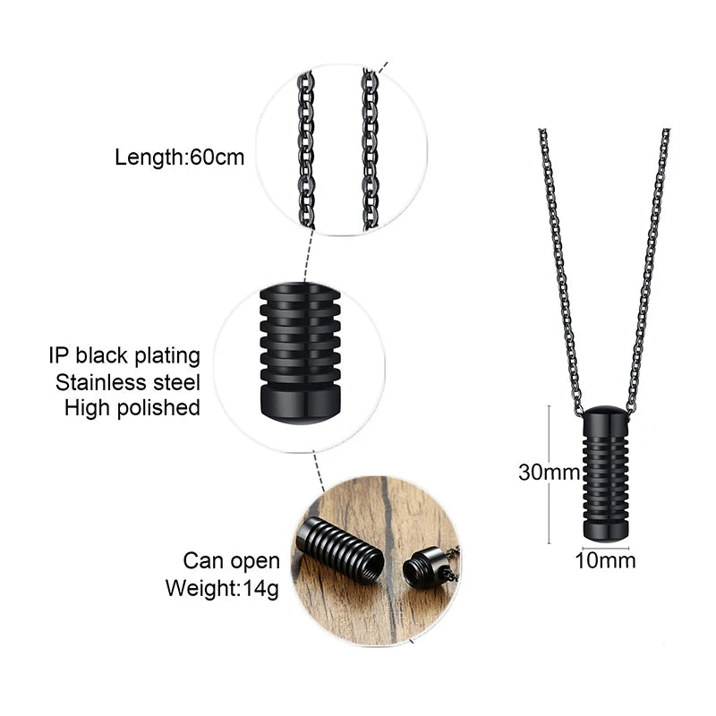 Stylish Screw Design Cylinder Memorial Urn Necklaces for Men Black Color Stainless Steel Cremation Keepsake Gifts Jewelry