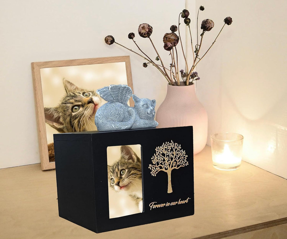 Pet Urn for Cat Ashes,Cat Keepsake, Wooden Cat Memorial Box Urn with Photo Frame, Resin Angel Cat and Ashes Bag