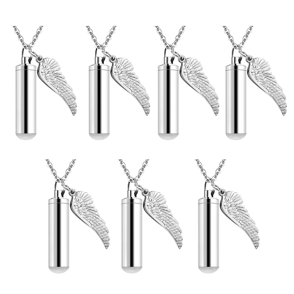 Angel Wings Ashes Necklace Black/Silver Stainless Steel Pendant Necklace Cremation Jewelry for Human Ashes Cylindr Ash Holder