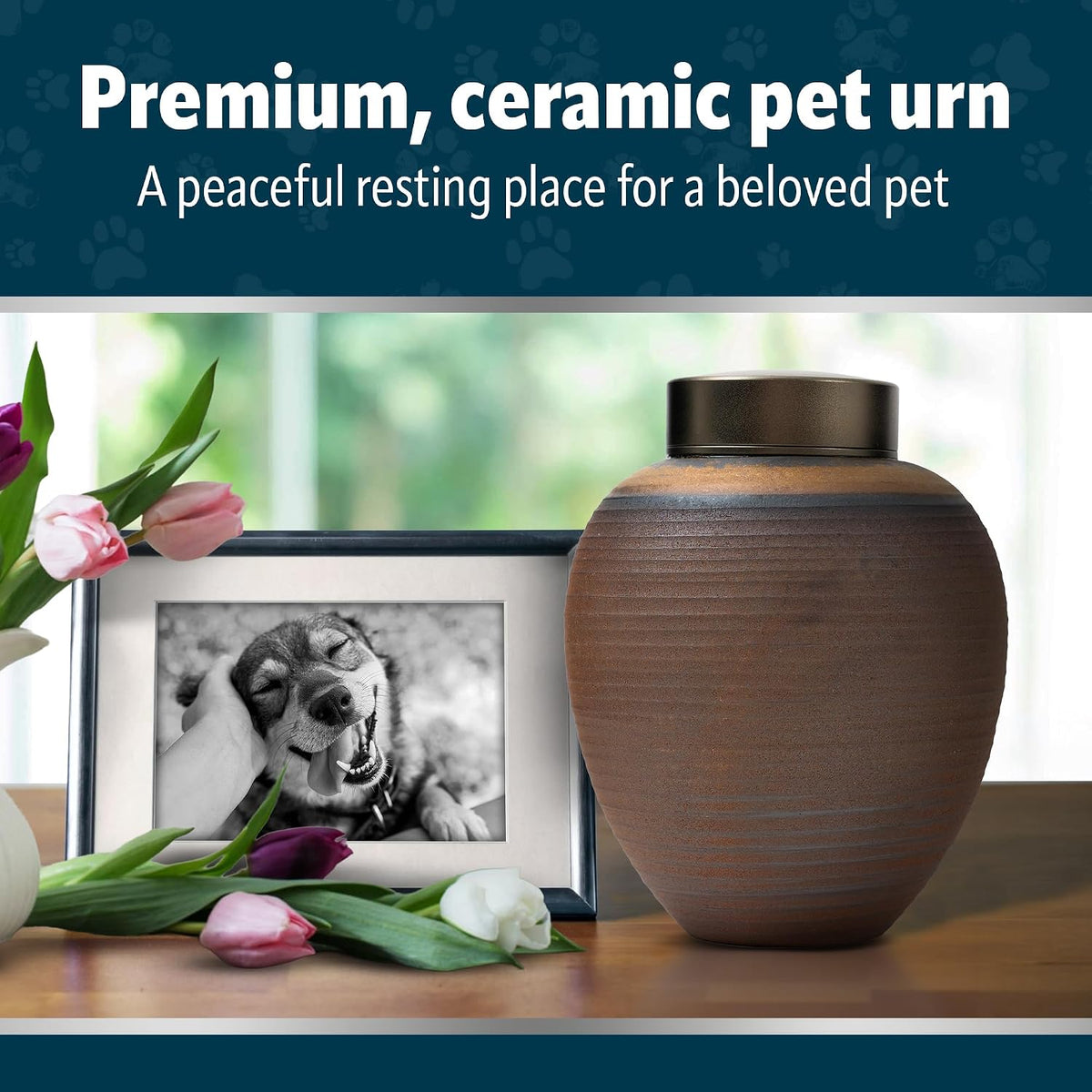 Ceramic Pet Urn for Ashes of Dogs, Cats | Small & Medium Sized Pets up to 50Lbs | Beautiful Memorial Urn with Airtight Lid | Keepsake Box for Collar, Toy | Cremation Urn Sympathy Gift