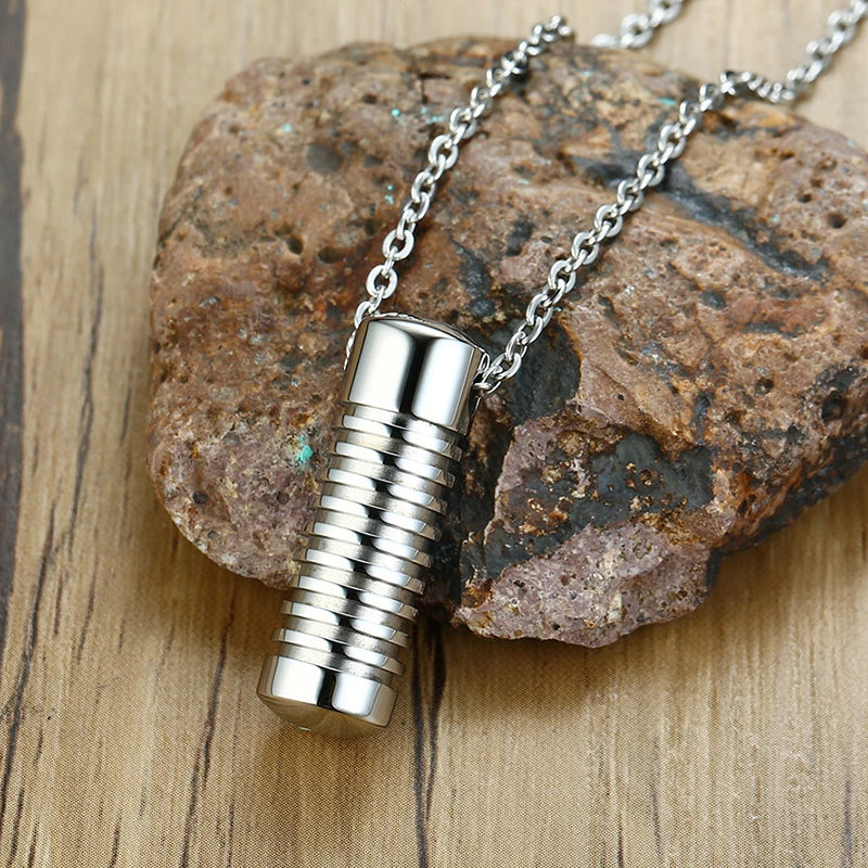 Stylish Screw Design Cylinder Memorial Urn Necklaces for Men Black Color Stainless Steel Cremation Keepsake Gifts Jewelry