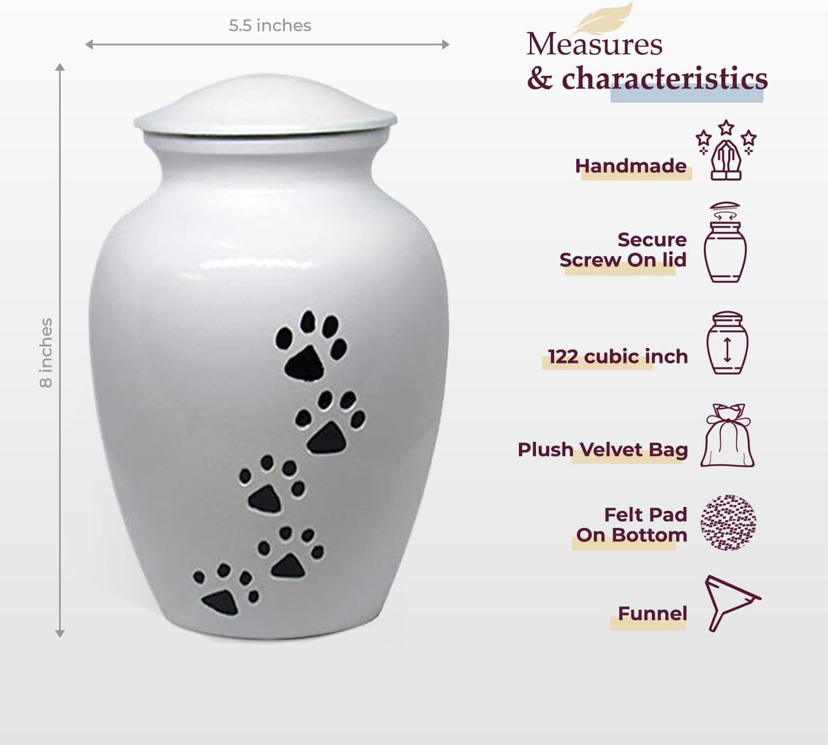 Pet Urn for Dogs and Cats Ashes, Paws Print Grey Cremation Urns for Pets - White, Large up to 122Lb