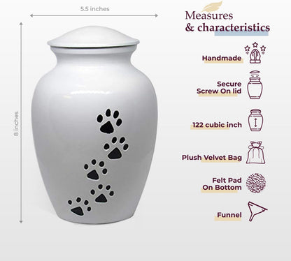 Pet Urn for Dogs and Cats Ashes, Paws Print Grey Cremation Urns for Pets - White, Large up to 122Lb