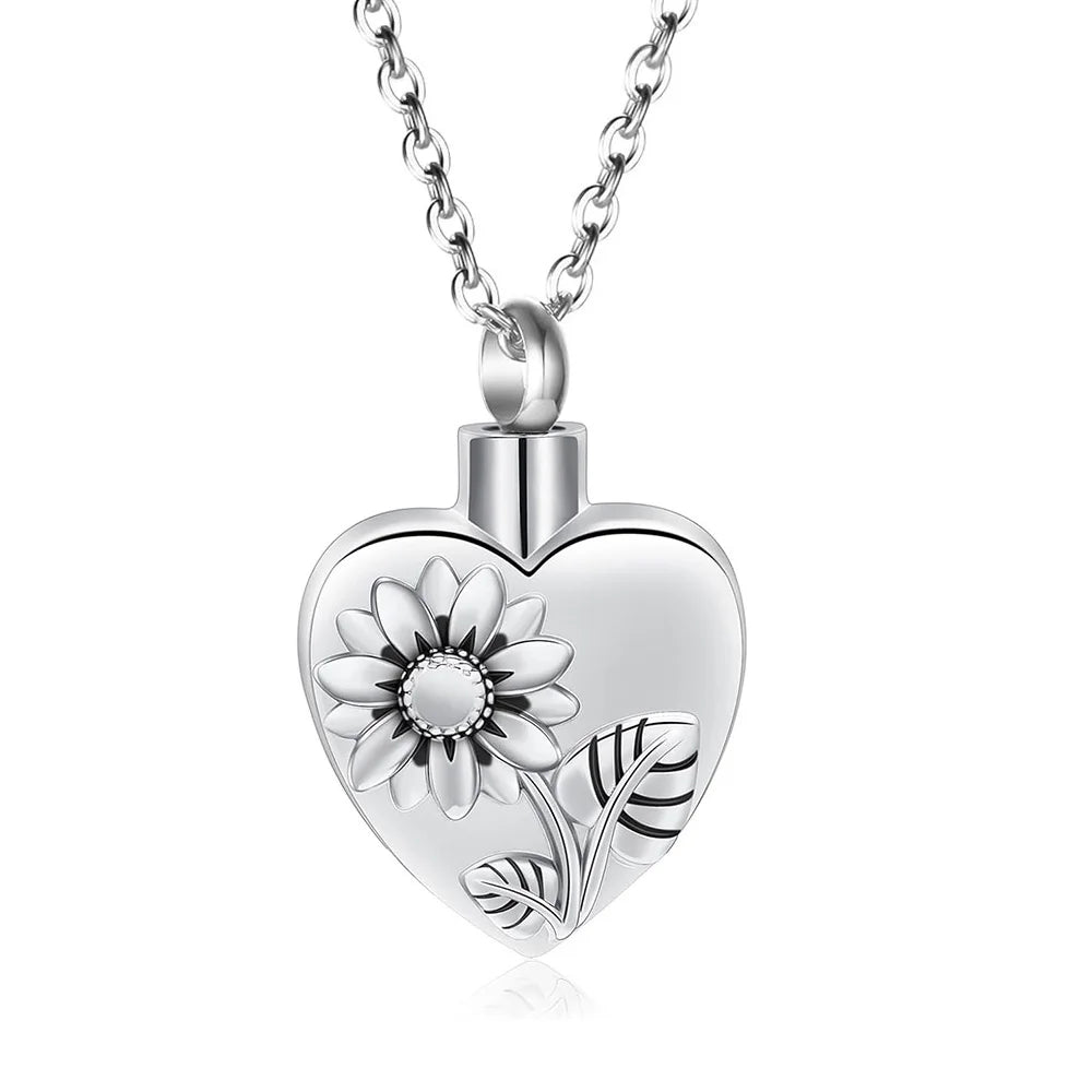 Sunflower Heart Ashes Urn Locket Necklace Stainless Steel Urn Necklace for Ashes Memorial Keepsake Jewelry for Human Pet
