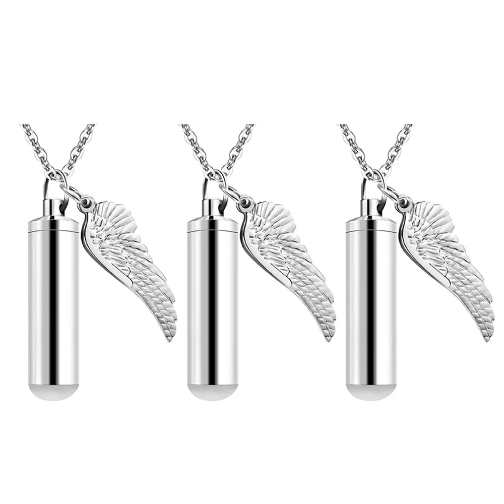 Angel Wings Ashes Necklace Black/Silver Stainless Steel Pendant Necklace Cremation Jewelry for Human Ashes Cylindr Ash Holder