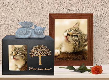 Pet Urn for Cat Ashes,Cat Keepsake, Wooden Cat Memorial Box Urn with Photo Frame, Resin Angel Cat and Ashes Bag