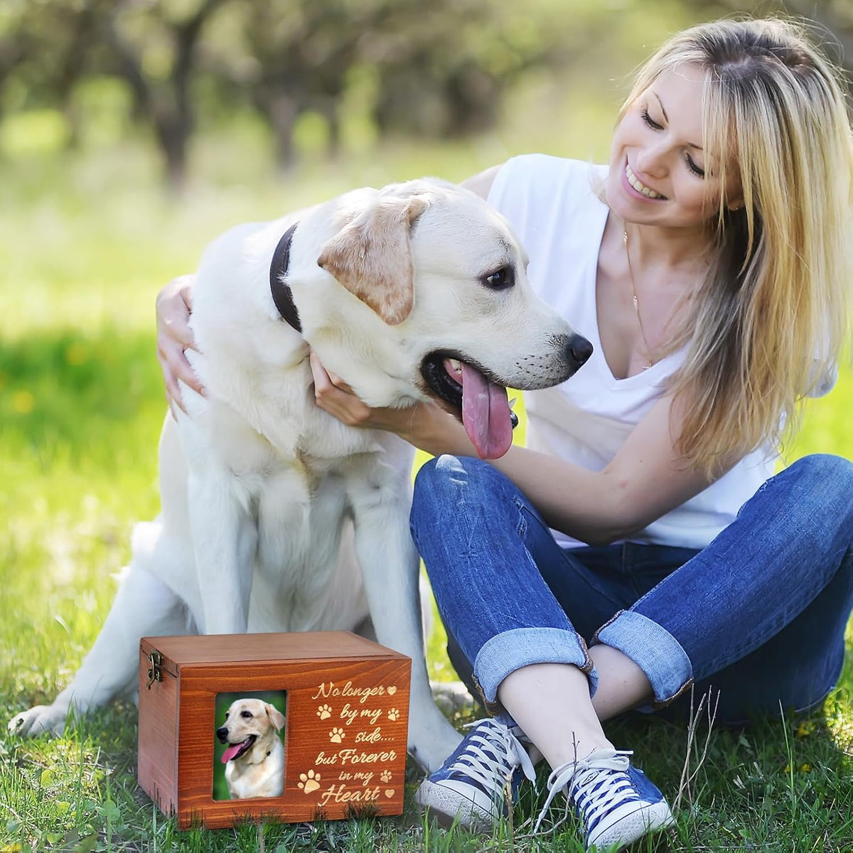 Pet Memorial Urn for Dog or Cat Ashes Wooden Dog Urns Keepsake Memory Box Cremation Urns with Photo Frame