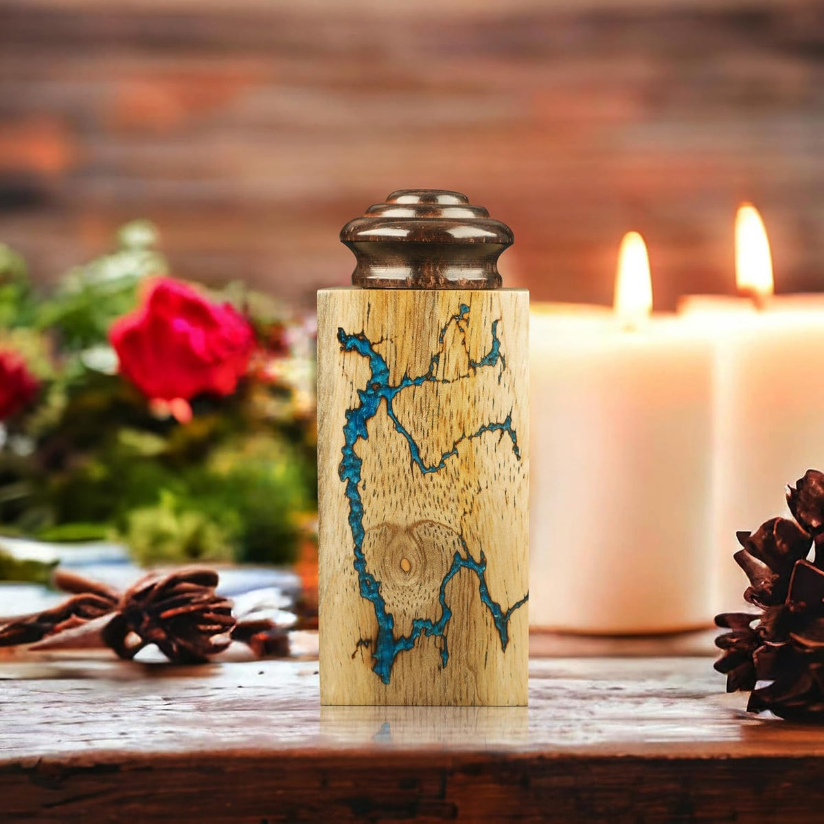Mango Wood & Epoxy Resin Fractal Resin Wooden Adult Large Cremation Urn for Human Ashes, Men, Women, Small Keepsake Urn