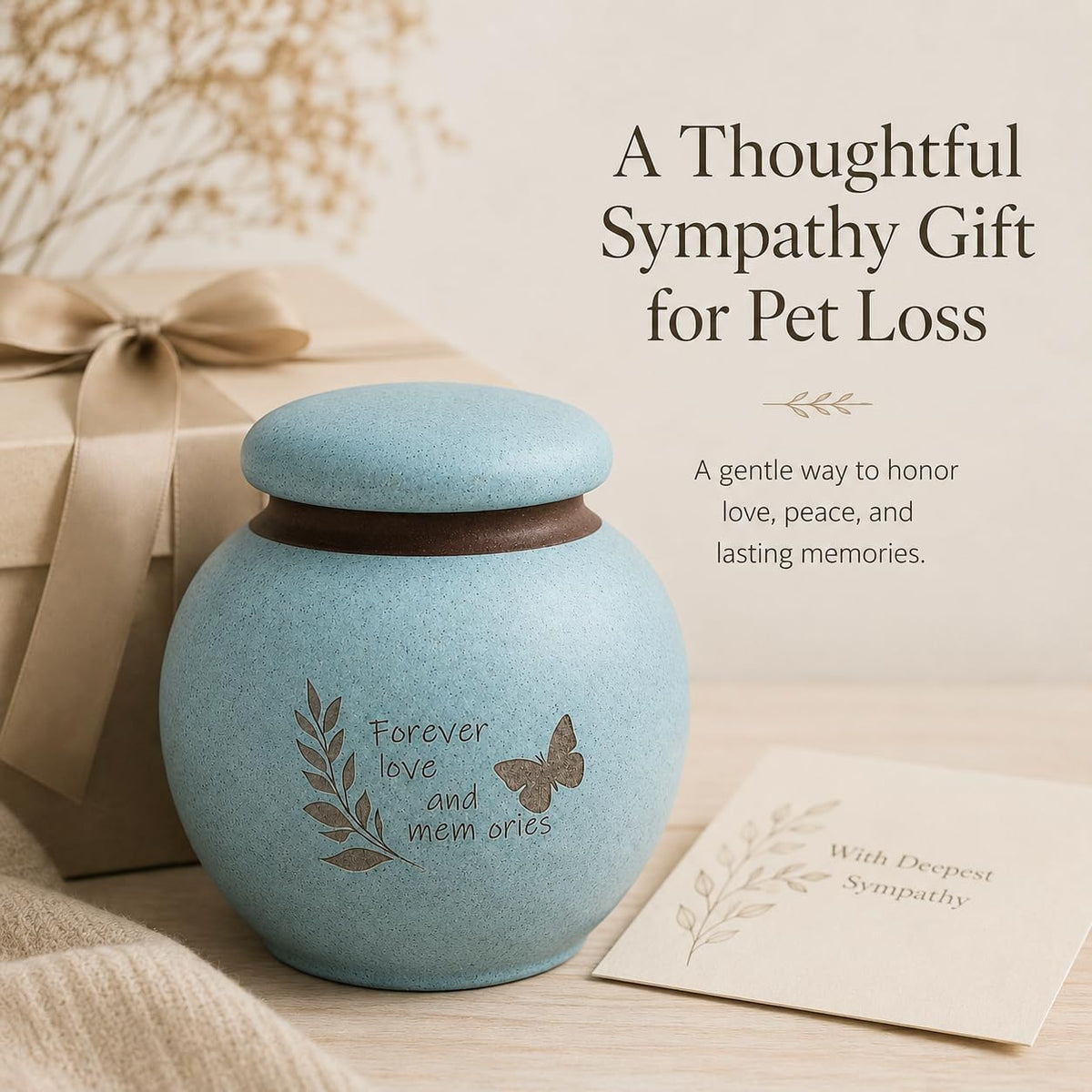 Small Pet Urn for Ashes, Dog and Cat Cremation Urn, Cyan Ceramic Memorial Keepsake Urn with Butterfly and Leaf Design, Cloth-Lined Lid, 350 Ml / 21.4 Cubic Inches, for Small Dogs and Cats up to 20 Lbs