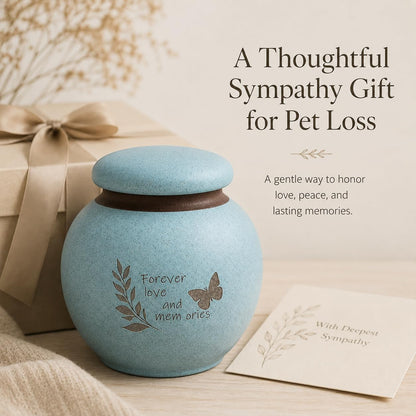 Small Pet Urn for Ashes, Dog and Cat Cremation Urn, Cyan Ceramic Memorial Keepsake Urn with Butterfly and Leaf Design, Cloth-Lined Lid, 350 Ml / 21.4 Cubic Inches, for Small Dogs and Cats up to 20 Lbs