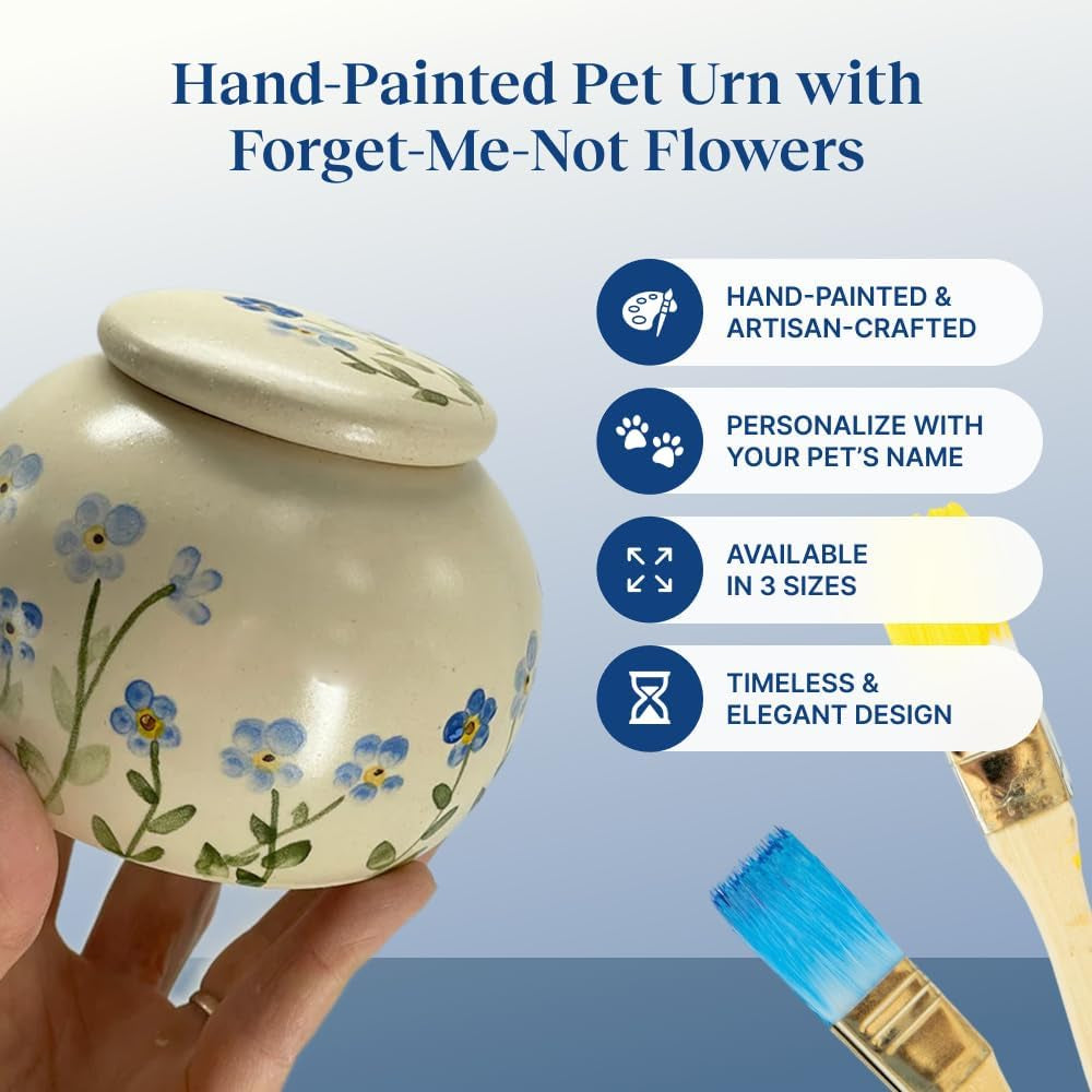 Pet Ceramic Urn – Handcrafted Memorial Urns for Dogs & Cats – Keepsake for Ashes, Small Urn with Forget Me Not Design, Pet Loss Gift, Dog & Cat Remembrance Box - Blue