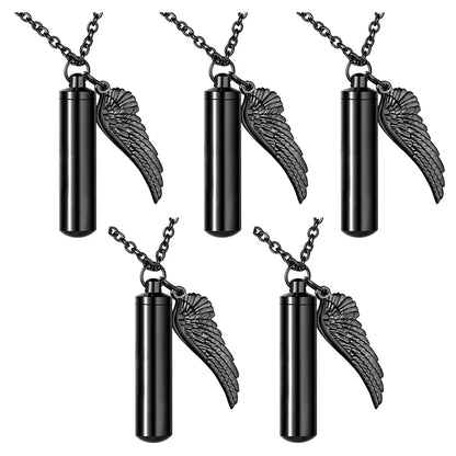 Angel Wings Ashes Necklace Black/Silver Stainless Steel Pendant Necklace Cremation Jewelry for Human Ashes Cylindr Ash Holder