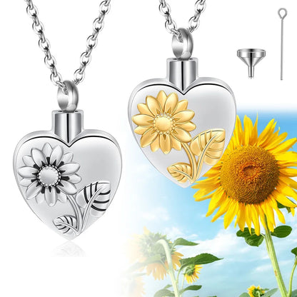 Sunflower Heart Ashes Urn Locket Necklace Stainless Steel Urn Necklace for Ashes Memorial Keepsake Jewelry for Human Pet