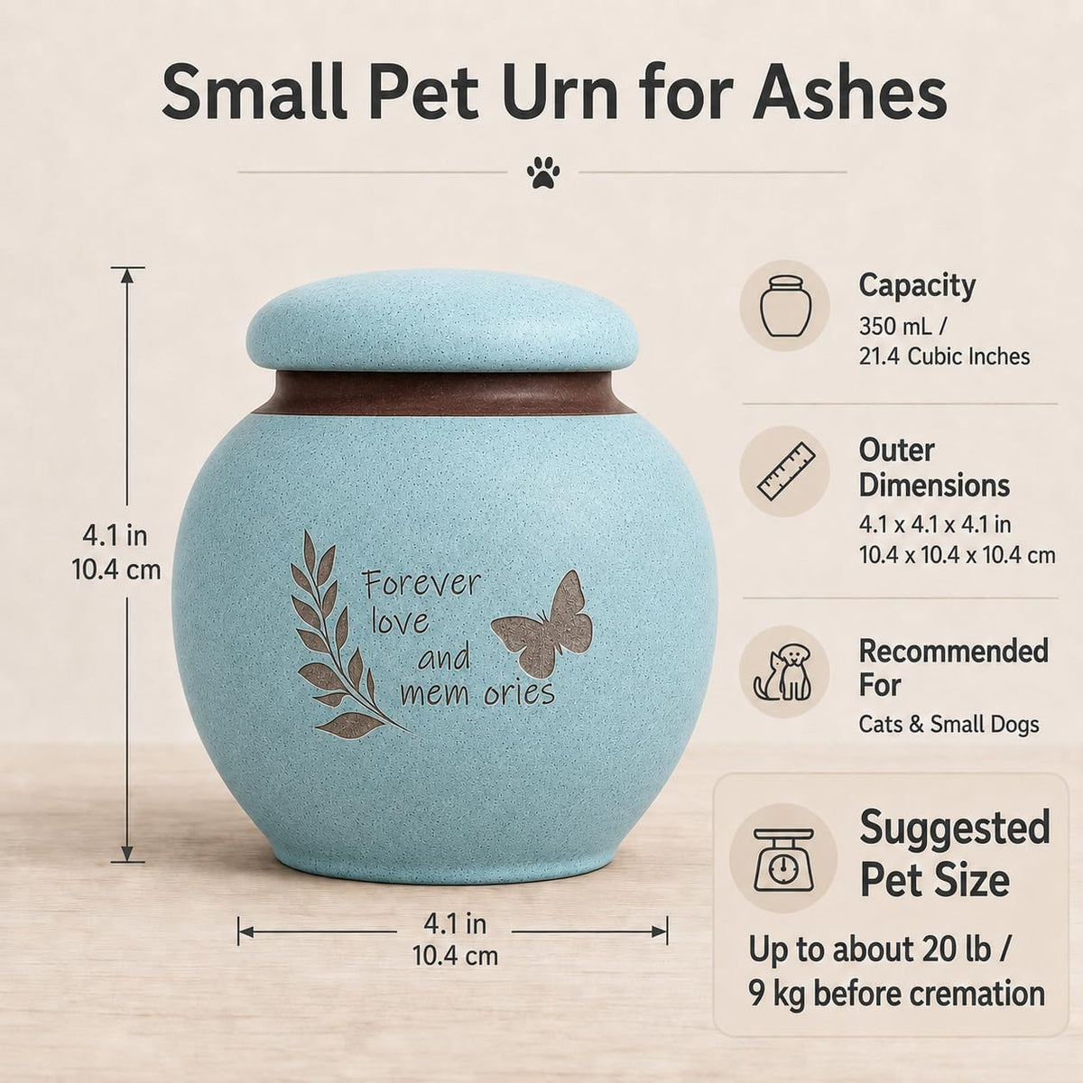 Small Pet Urn for Ashes, Dog and Cat Cremation Urn, Cyan Ceramic Memorial Keepsake Urn with Butterfly and Leaf Design, Cloth-Lined Lid, 350 Ml / 21.4 Cubic Inches, for Small Dogs and Cats up to 20 Lbs