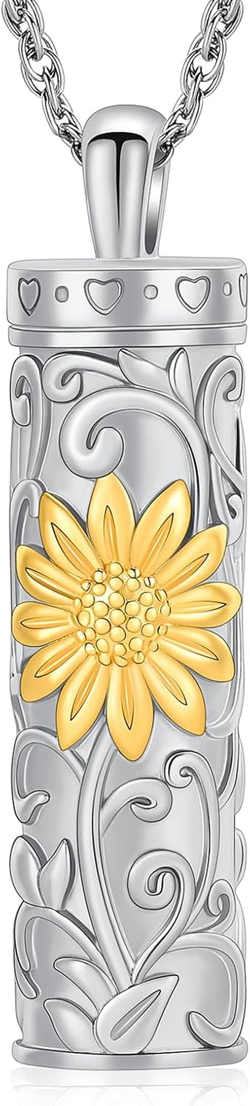 Cylinder Urn Necklace for Ashes for Women Men Sunflower Cremation Jewelry Vial Memorial Loved One Pendant