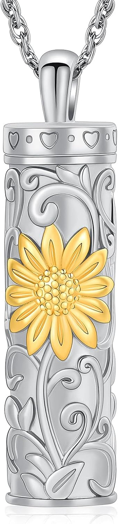 Cylinder Urn Necklace for Ashes for Women Men Sunflower Cremation Jewelry Vial Memorial Loved One Pendant