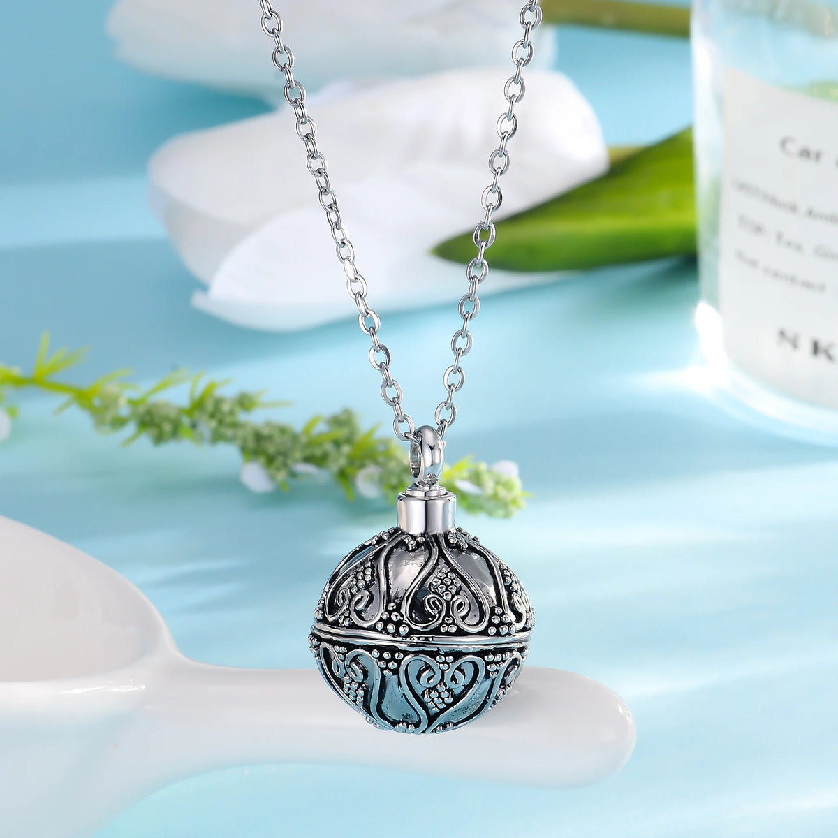Retro Ball Cremation Ashes Necklace Jewelry Memorial Keepsake Ashes Urn Pendant
