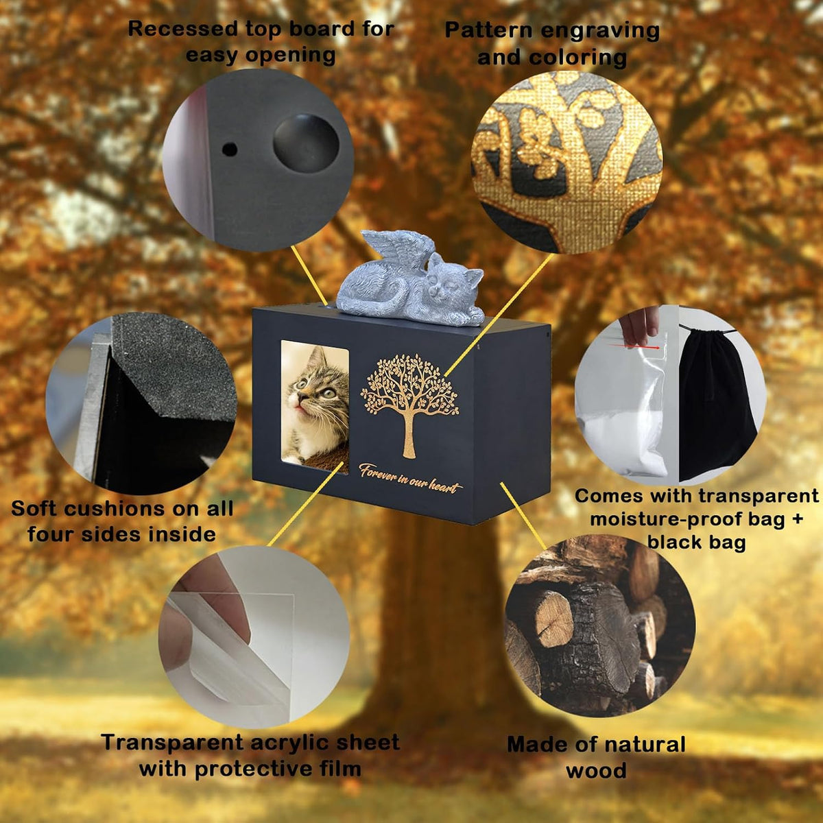 Pet Urn for Cat Ashes,Cat Keepsake, Wooden Cat Memorial Box Urn with Photo Frame, Resin Angel Cat and Ashes Bag