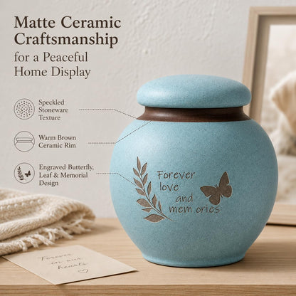 Small Pet Urn for Ashes, Dog and Cat Cremation Urn, Cyan Ceramic Memorial Keepsake Urn with Butterfly and Leaf Design, Cloth-Lined Lid, 350 Ml / 21.4 Cubic Inches, for Small Dogs and Cats up to 20 Lbs
