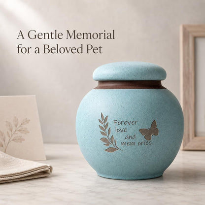 Small Pet Urn for Ashes, Dog and Cat Cremation Urn, Cyan Ceramic Memorial Keepsake Urn with Butterfly and Leaf Design, Cloth-Lined Lid, 350 Ml / 21.4 Cubic Inches, for Small Dogs and Cats up to 20 Lbs