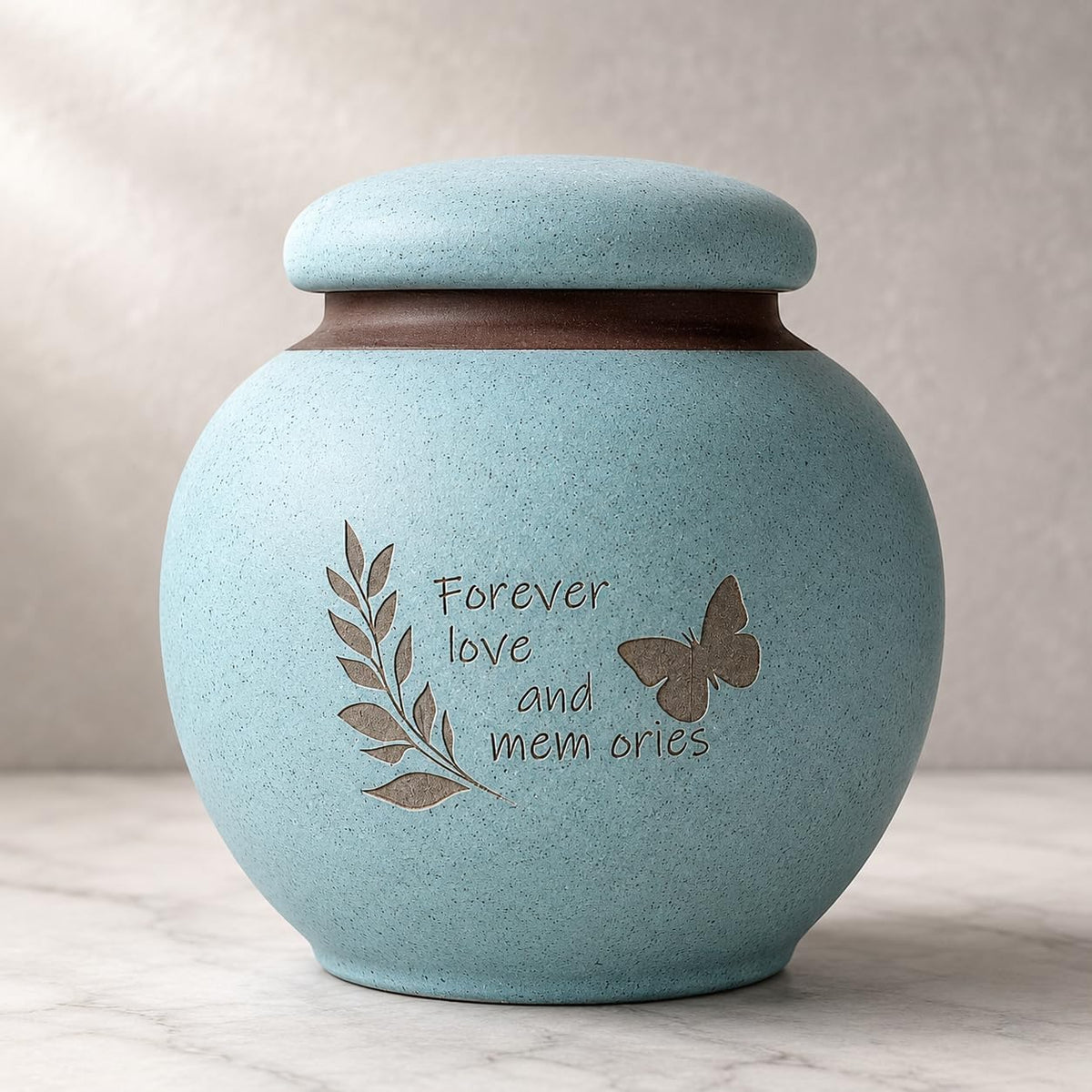 Small Pet Urn for Ashes, Dog and Cat Cremation Urn, Cyan Ceramic Memorial Keepsake Urn with Butterfly and Leaf Design, Cloth-Lined Lid, 350 Ml / 21.4 Cubic Inches, for Small Dogs and Cats up to 20 Lbs