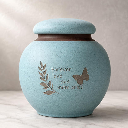 Small Pet Urn for Ashes, Dog and Cat Cremation Urn, Cyan Ceramic Memorial Keepsake Urn with Butterfly and Leaf Design, Cloth-Lined Lid, 350 Ml / 21.4 Cubic Inches, for Small Dogs and Cats up to 20 Lbs