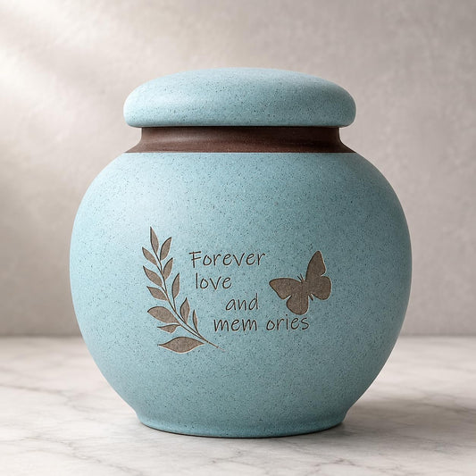 Small Pet Urn for Ashes, Dog and Cat Cremation Urn, Cyan Ceramic Memorial Keepsake Urn with Butterfly and Leaf Design, Cloth-Lined Lid, 350 Ml / 21.4 Cubic Inches, for Small Dogs and Cats up to 20 Lbs