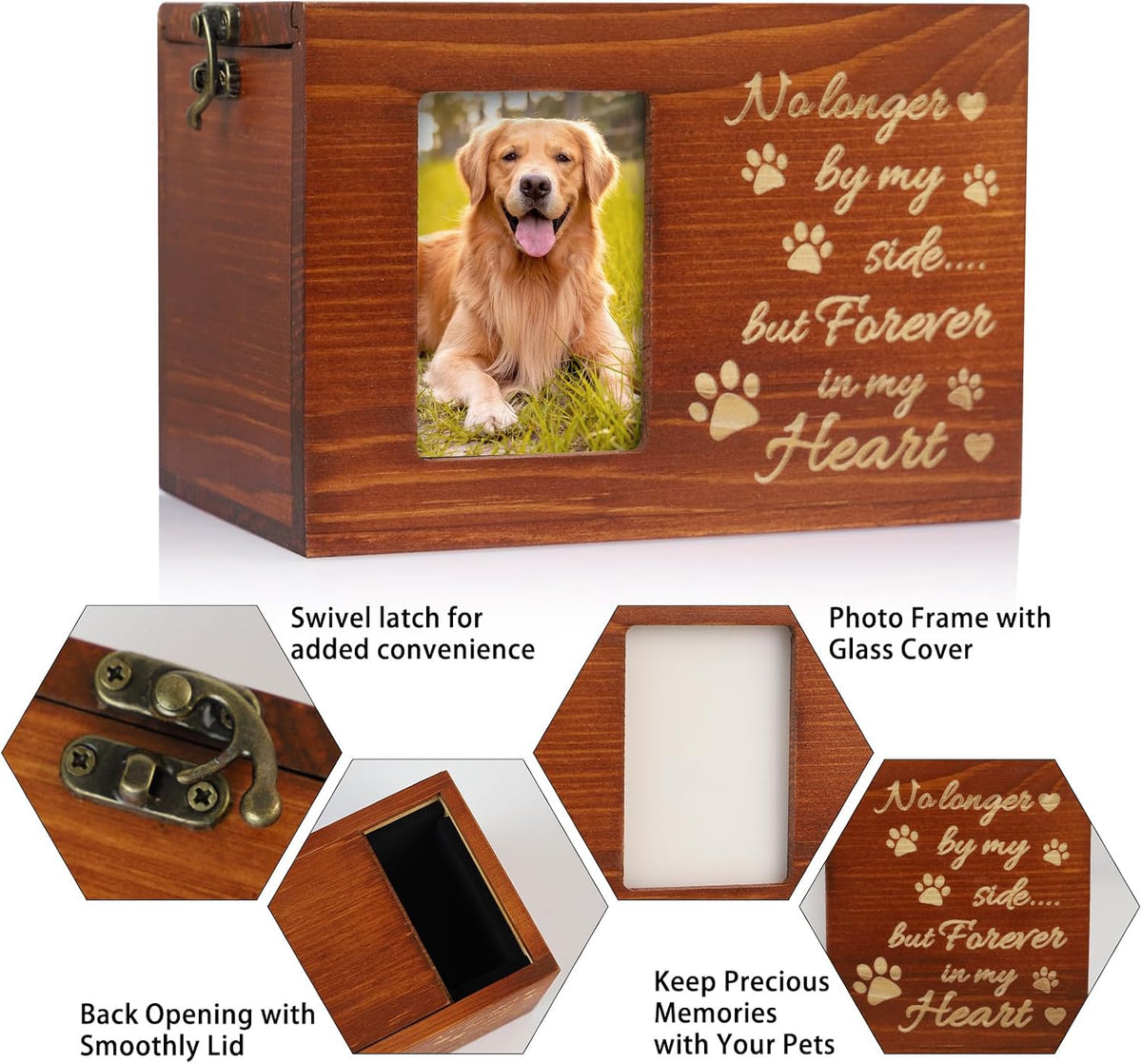 Pet Memorial Urn for Dog or Cat Ashes Wooden Dog Urns Keepsake Memory Box Cremation Urns with Photo Frame