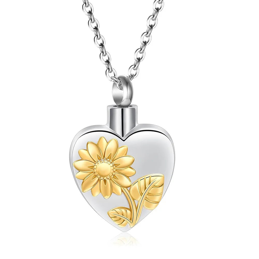 Sunflower Heart Ashes Urn Locket Necklace Stainless Steel Urn Necklace for Ashes Memorial Keepsake Jewelry for Human Pet