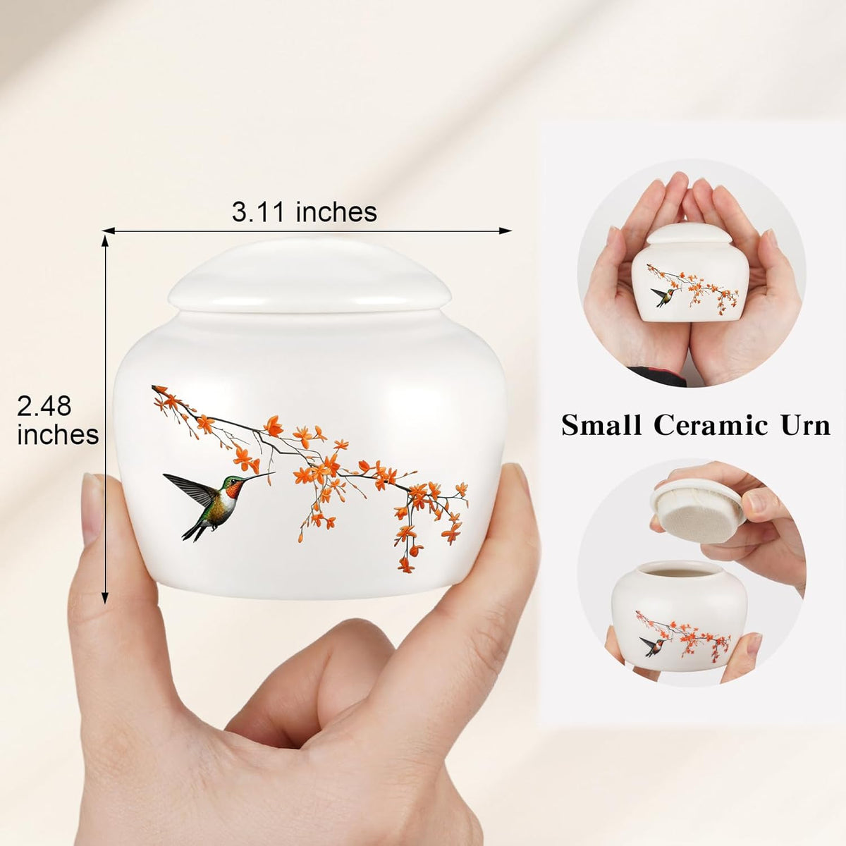 Small Urns for Human Ashes Keepsake Mini Cremation Urns for Ashes Ceramic Cremation Keepsakes Memorial Ash Keepsake with Hummingbird and Maple Blossom Decorative Burial Urn for Adult Men Women