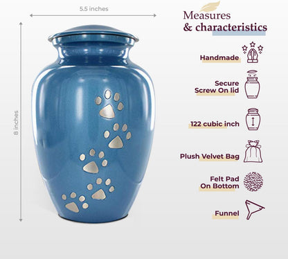 Pet Urn for Dogs and Cats Ashes, Paws Print Grey Cremation Urns for Pets - Blue, Large up to 122Lb
