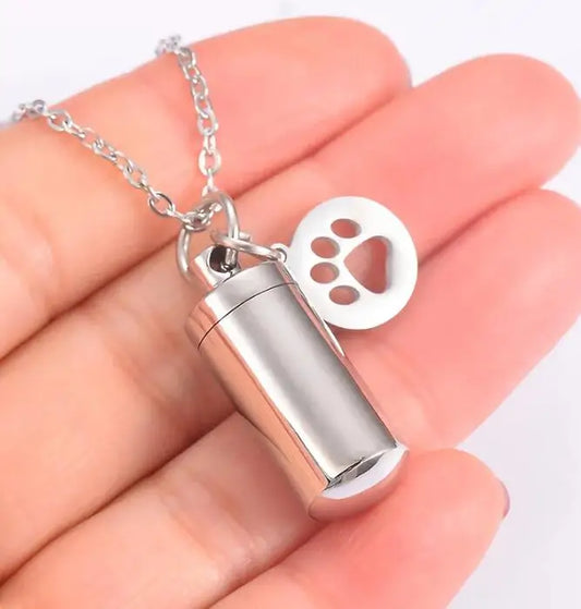 Pet Dog Paw Charm & Cylinder Memorial Urn Necklace Stainless Steel Keepsake Pendant Ashes Holder Cremation Jewelry Dropshipping