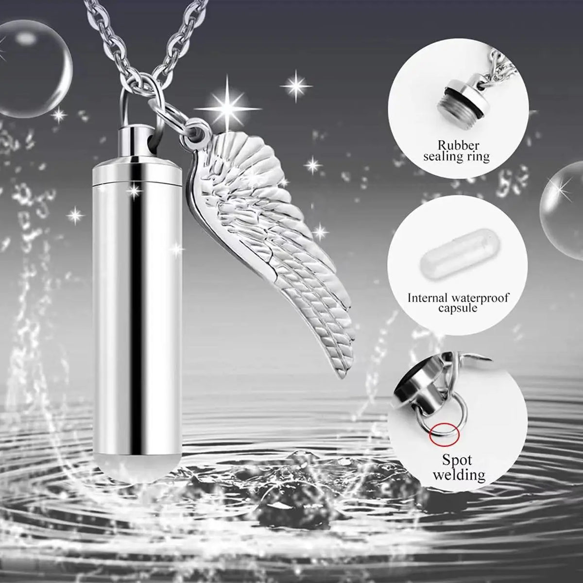 Angel Wings Ashes Necklace Black/Silver Stainless Steel Pendant Necklace Cremation Jewelry for Human Ashes Cylindr Ash Holder