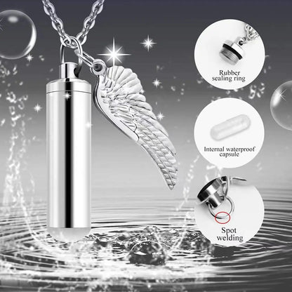 Angel Wings Ashes Necklace Black/Silver Stainless Steel Pendant Necklace Cremation Jewelry for Human Ashes Cylindr Ash Holder