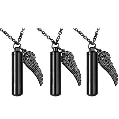 Angel Wings Ashes Necklace Black/Silver Stainless Steel Pendant Necklace Cremation Jewelry for Human Ashes Cylindr Ash Holder