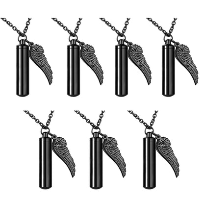 Angel Wings Ashes Necklace Black/Silver Stainless Steel Pendant Necklace Cremation Jewelry for Human Ashes Cylindr Ash Holder